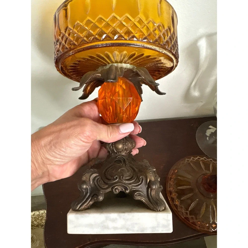 Vintage Amber Glass Hollywood Regency Candy Dish Ornate Metal Marble Base